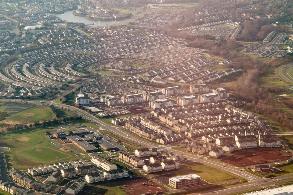 Aerial view of suburban Sterling, Virginia near Washington D.C.